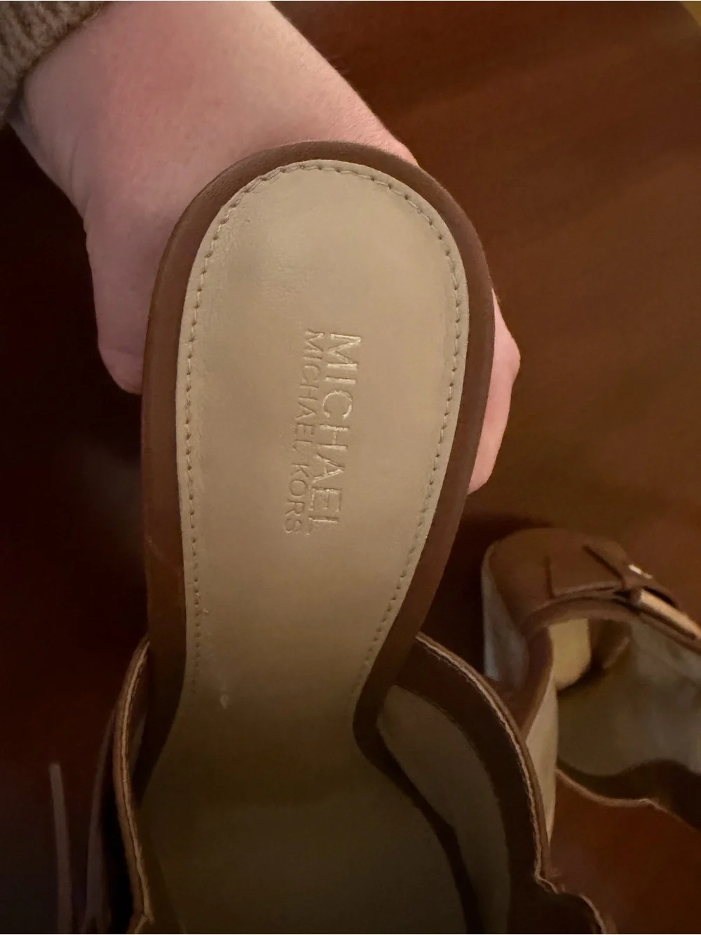 MICHAEL Michael Kors Tan Leather With Gold Buckle Block Heel Mules - Size US7